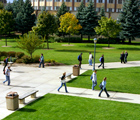Students walking across greenspace