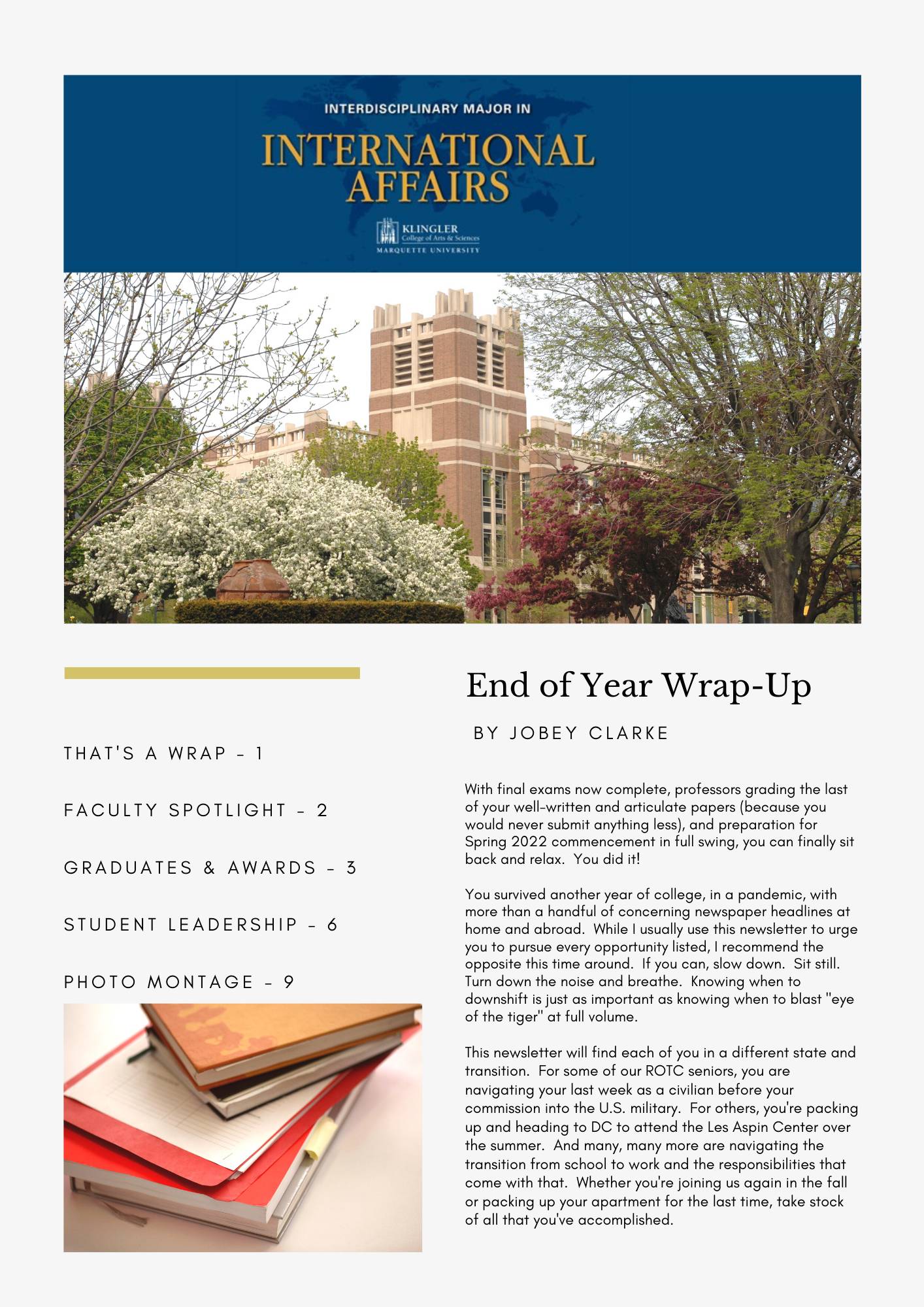 Cover page of INIA Newsletter; displaying blue and gold INIA logo, an article and a photograph of the Marquette campus in spring.