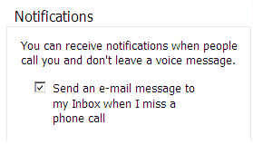 Scroll to notifications. Check: Send an e-mail message to my inbox when i miss a phone call.