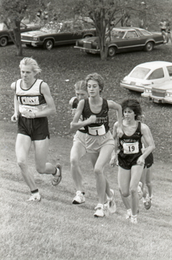 Katie Webb (#1), followed by Laurie Hottinger on a steep hill