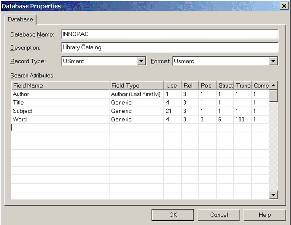 screen capture of completed
database properties screen