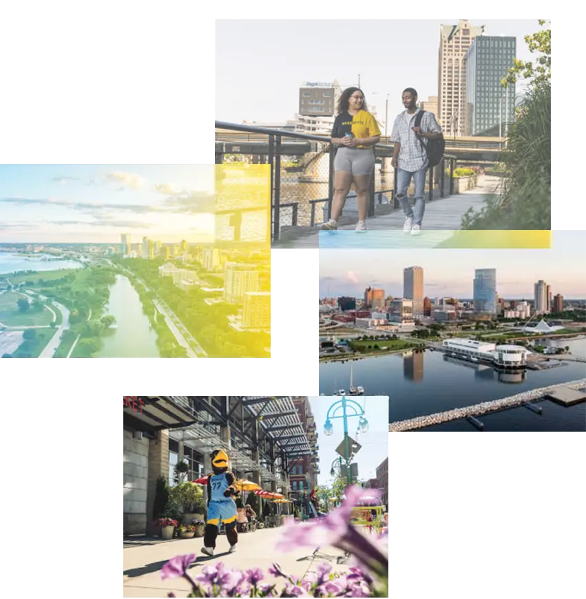 four image collage with locations around milwaukee including the milwaukee river walk, lakefront, aerial view of the oak leaf trail and the third ward