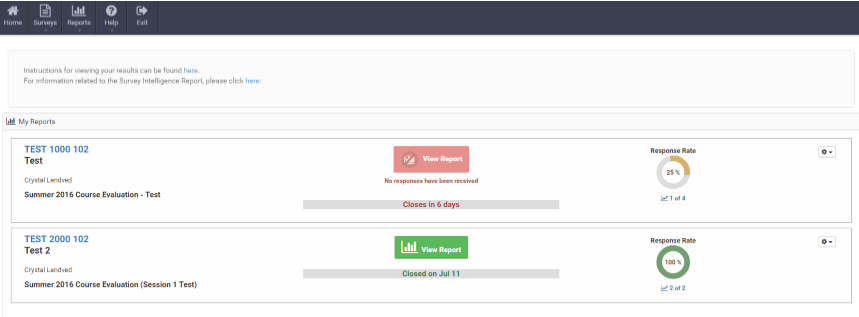 TEST 1000 102 Test Summer 2016 Course Evaluation – Test  View Report No responses have been received Closes in 6 day Response Rate TEST 2000 102 Test 2 Summer 2016 Course Evaluation (Session 1 Test)  View Report Closed on July 11 Response Rate
