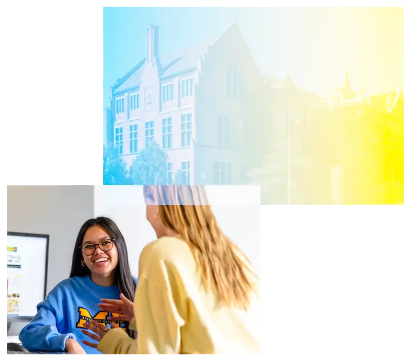 collage of a building and students talking to each other