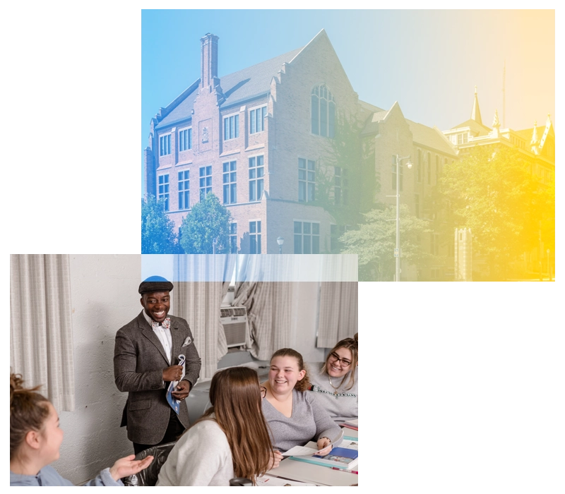 collage of a building and faculty member talking to students