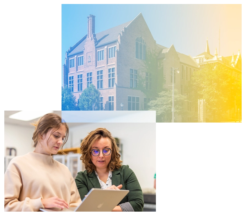 collage of a building and faculty member talking to student