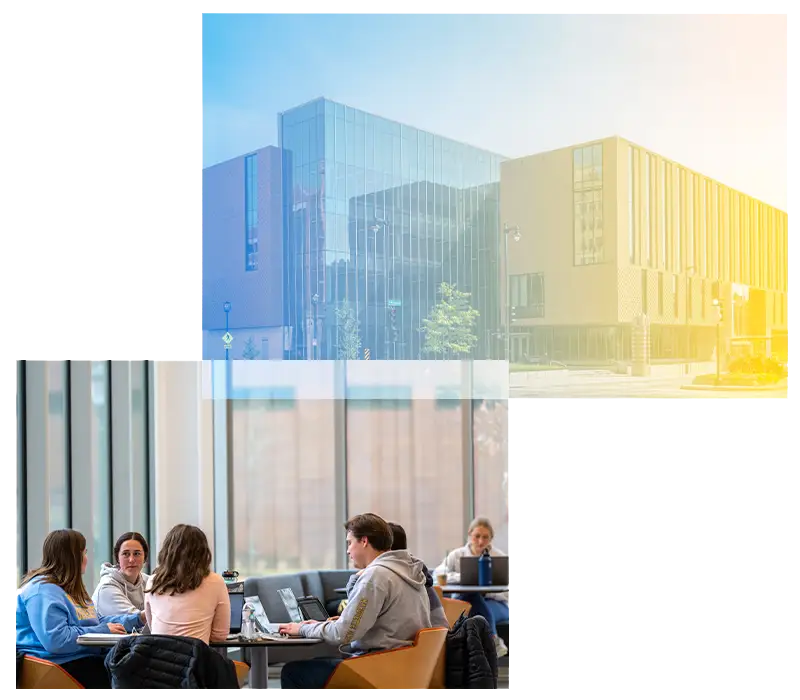 Collage image of the new College of Business building and students in common space inside the building.