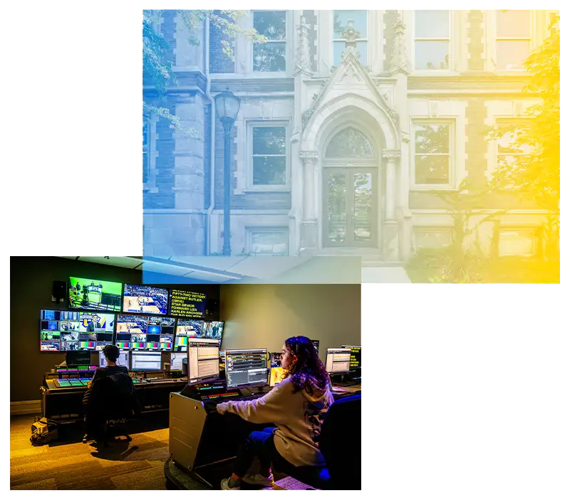 Collage image of Johnston Hall and students working in a television studio