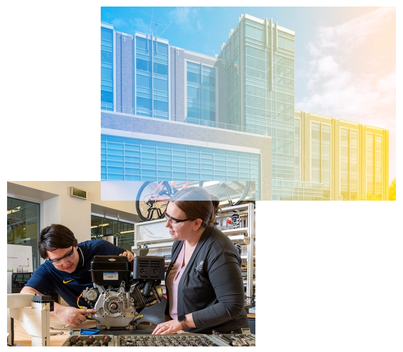 Collage of Engineering Hall and a student working in a lab with an instructor.