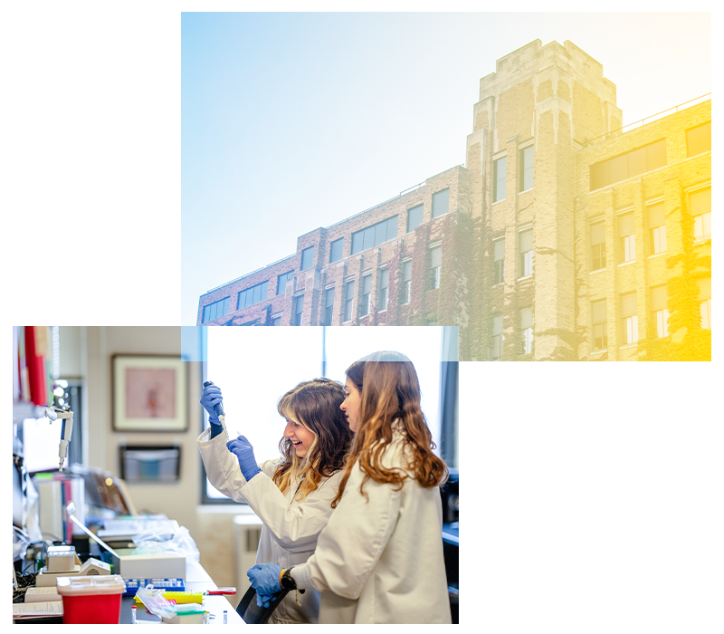 decorative building with students looking at beaker