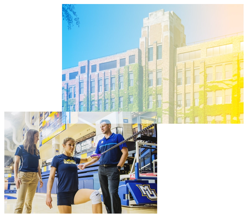 both of a building and a volleyball player working with two athletic trainers