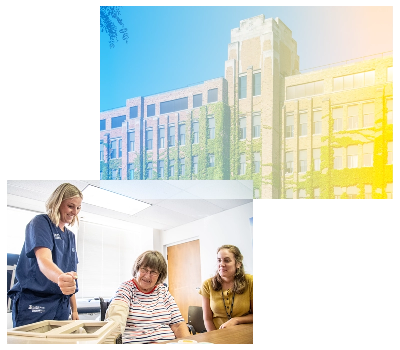 collage of a building and student working with a patient