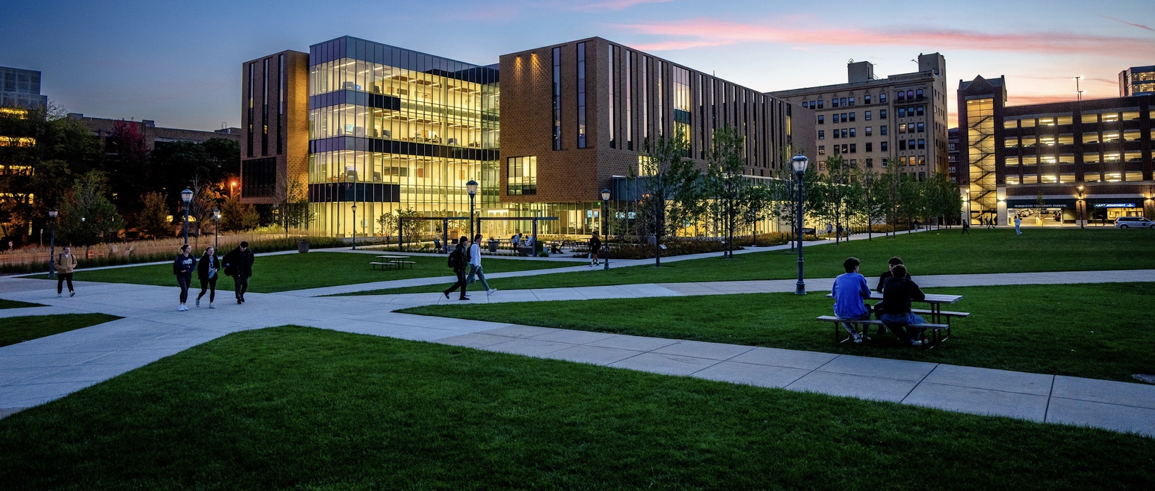 O'Brien Hall, the home of Marquette Business, in the early evening.