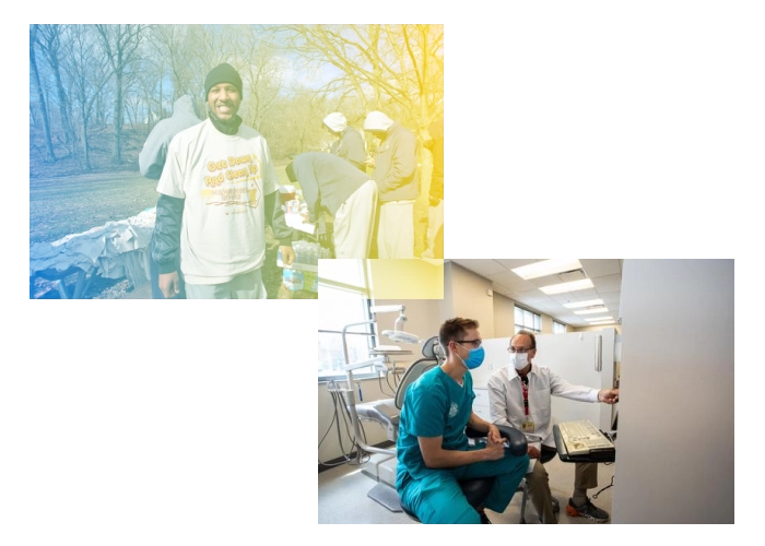 two image collage - left features volunteer in park clean up, right features dentist student analyzing results on a computer