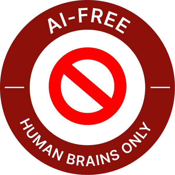 red circle that says ai-free human brains only
