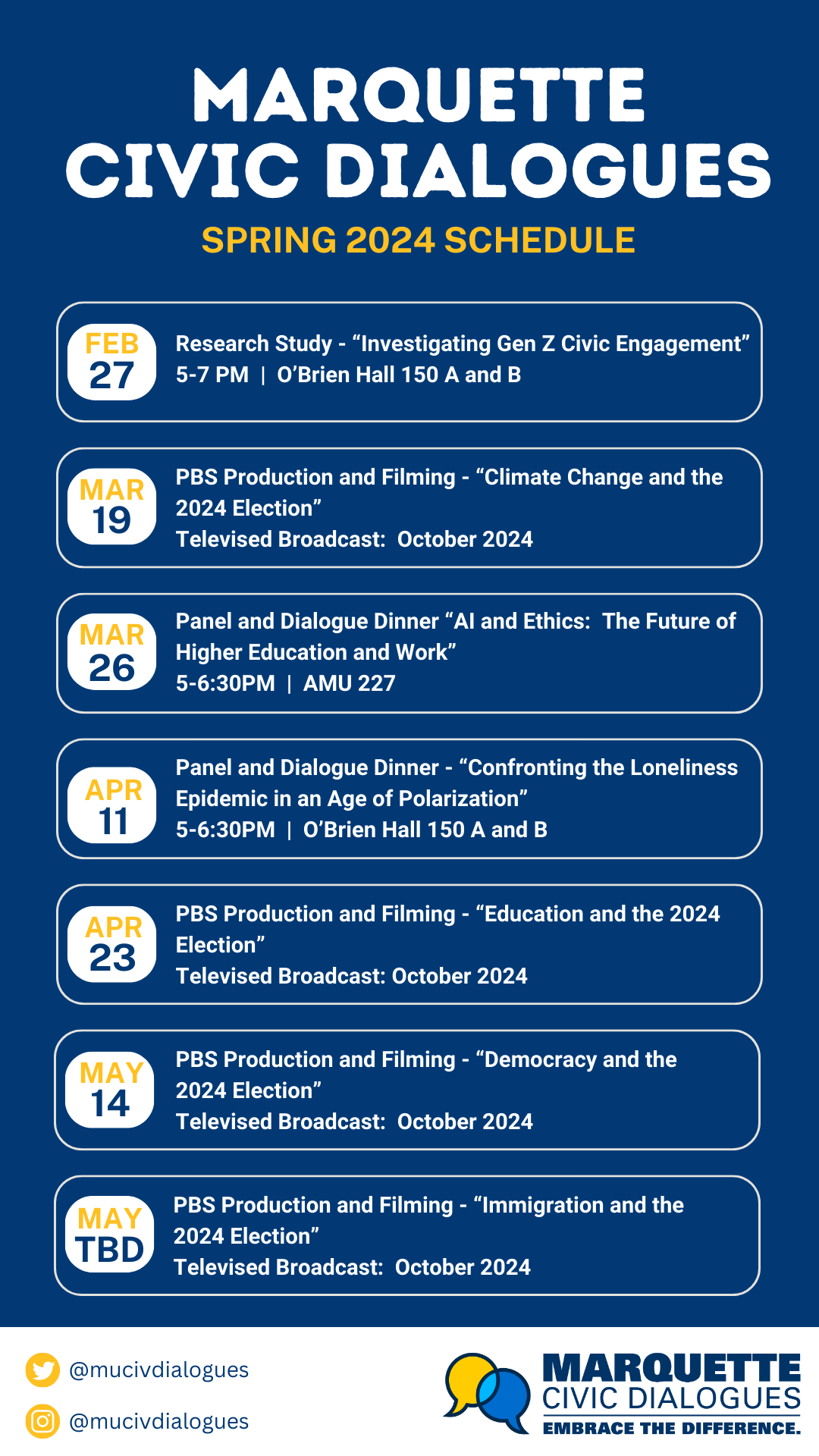 Calendar of Marquette Dialogues' spring 2024 events.