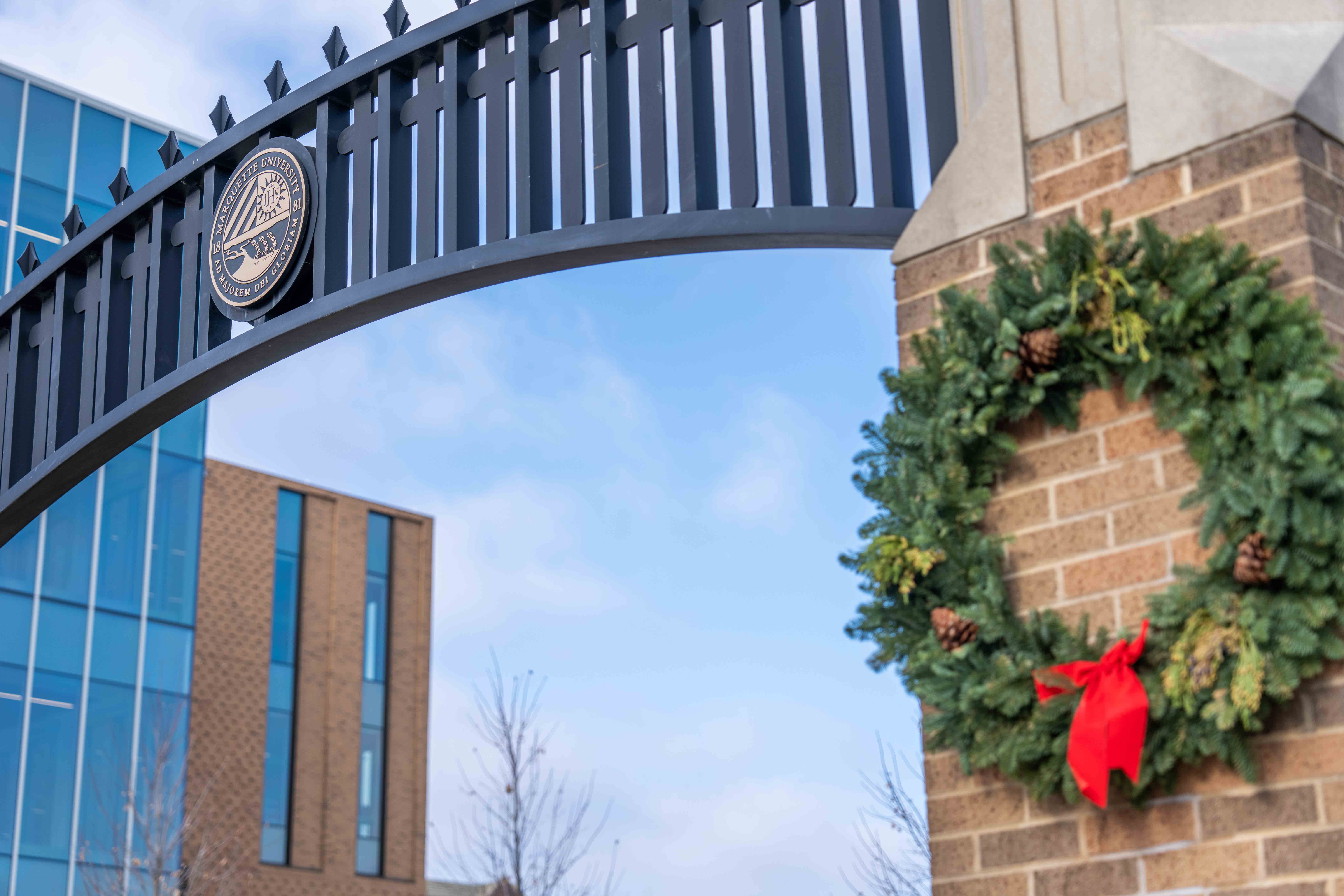 Christmas wreaths on the Marquette archway