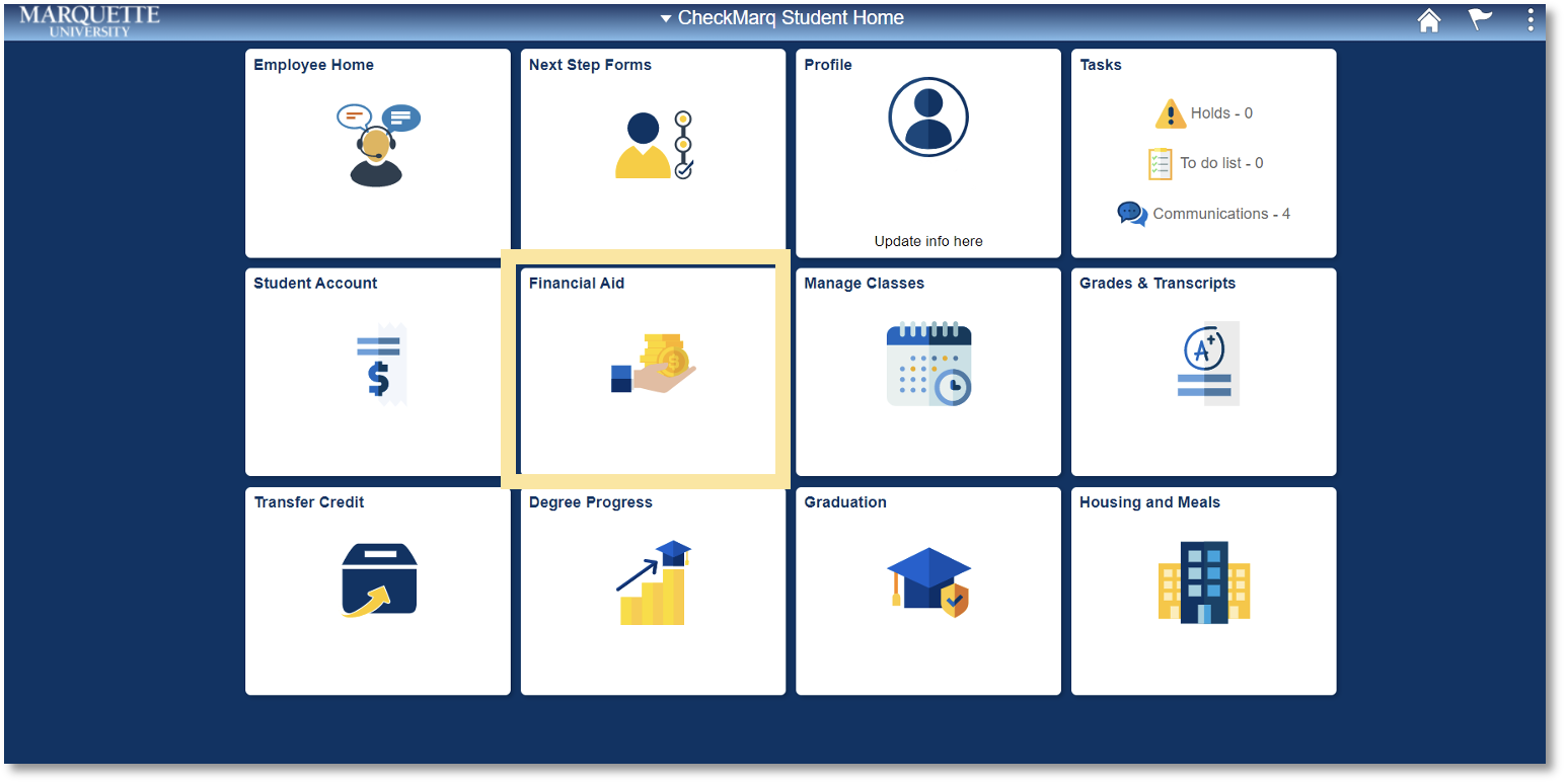 Step 1: Select Financial Aid Tile in CheckMarq