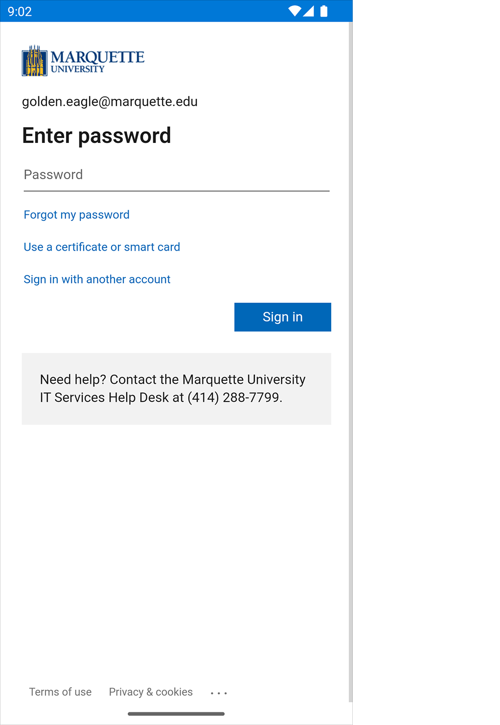 change password microsoft outlook app android