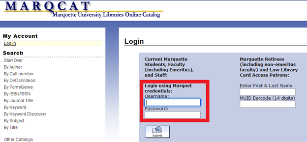 screenshot of legacy MARQCAT login page