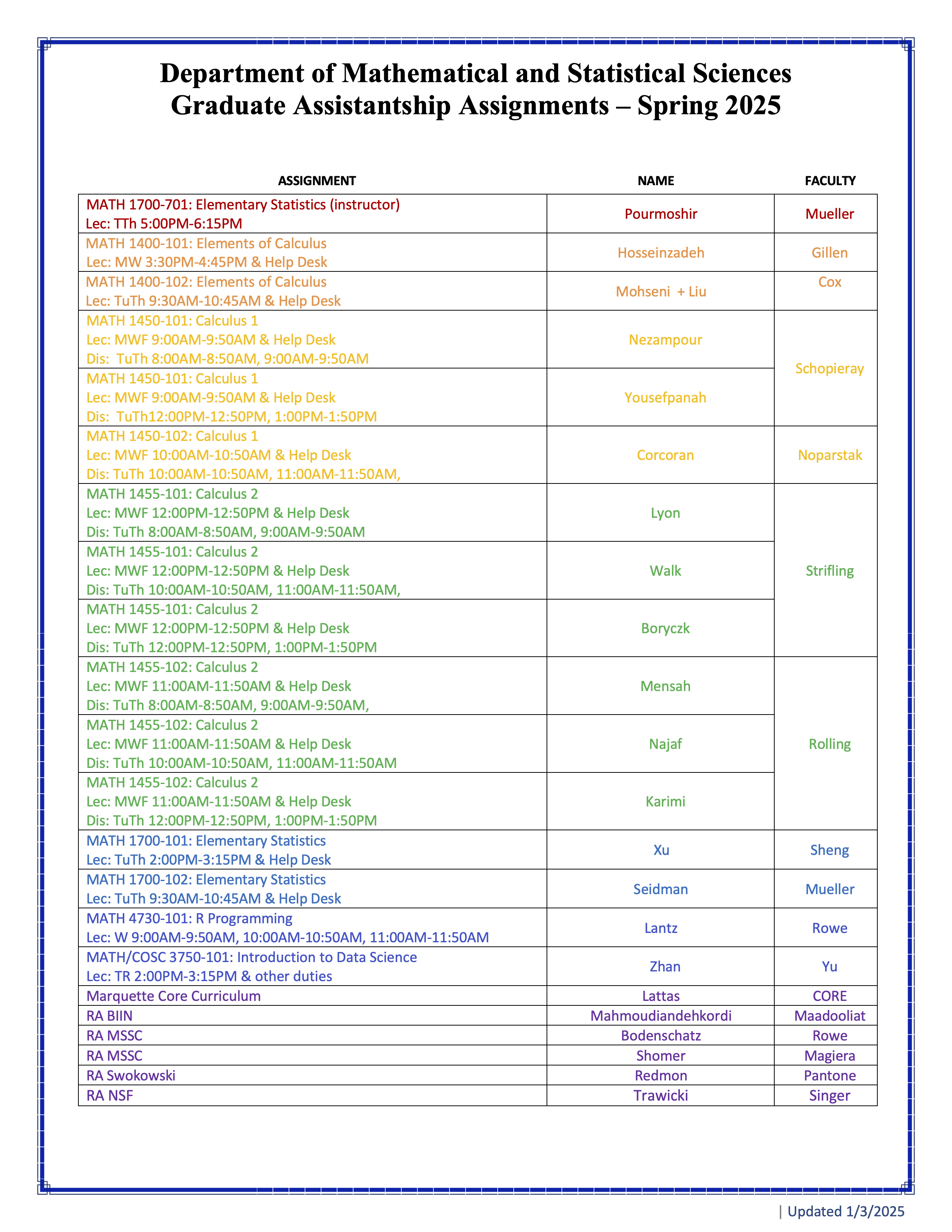 TA / RA assignments - details in PDF link