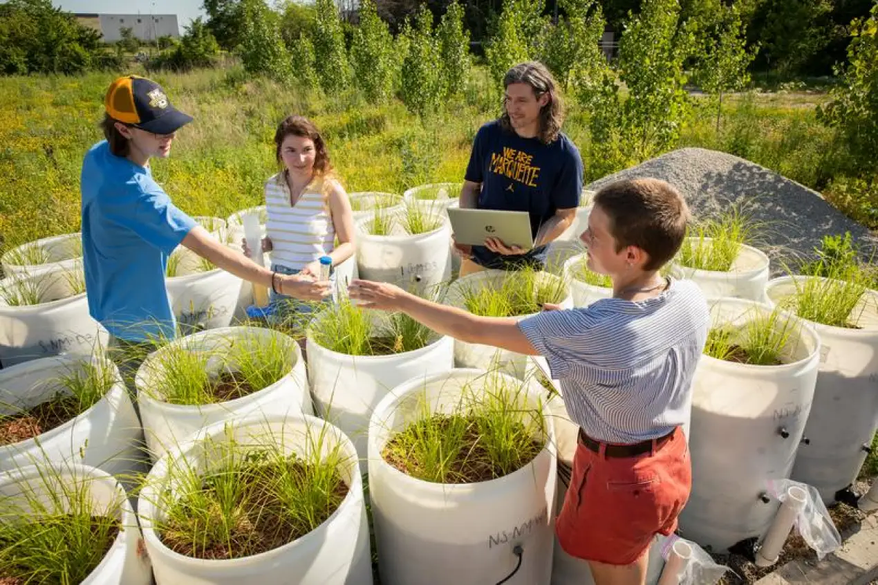 Group in a field of grass, working with large containers filled with foliage. 