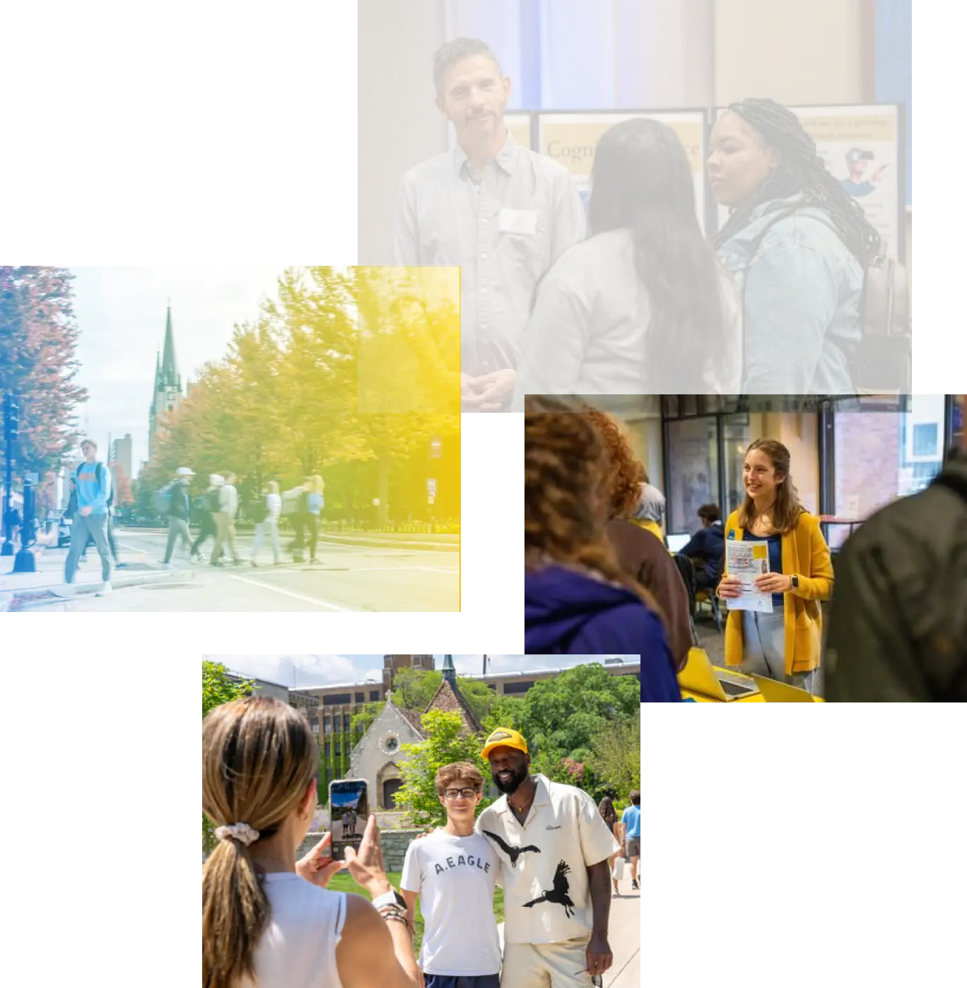 Collage of students at different locations around campus. 