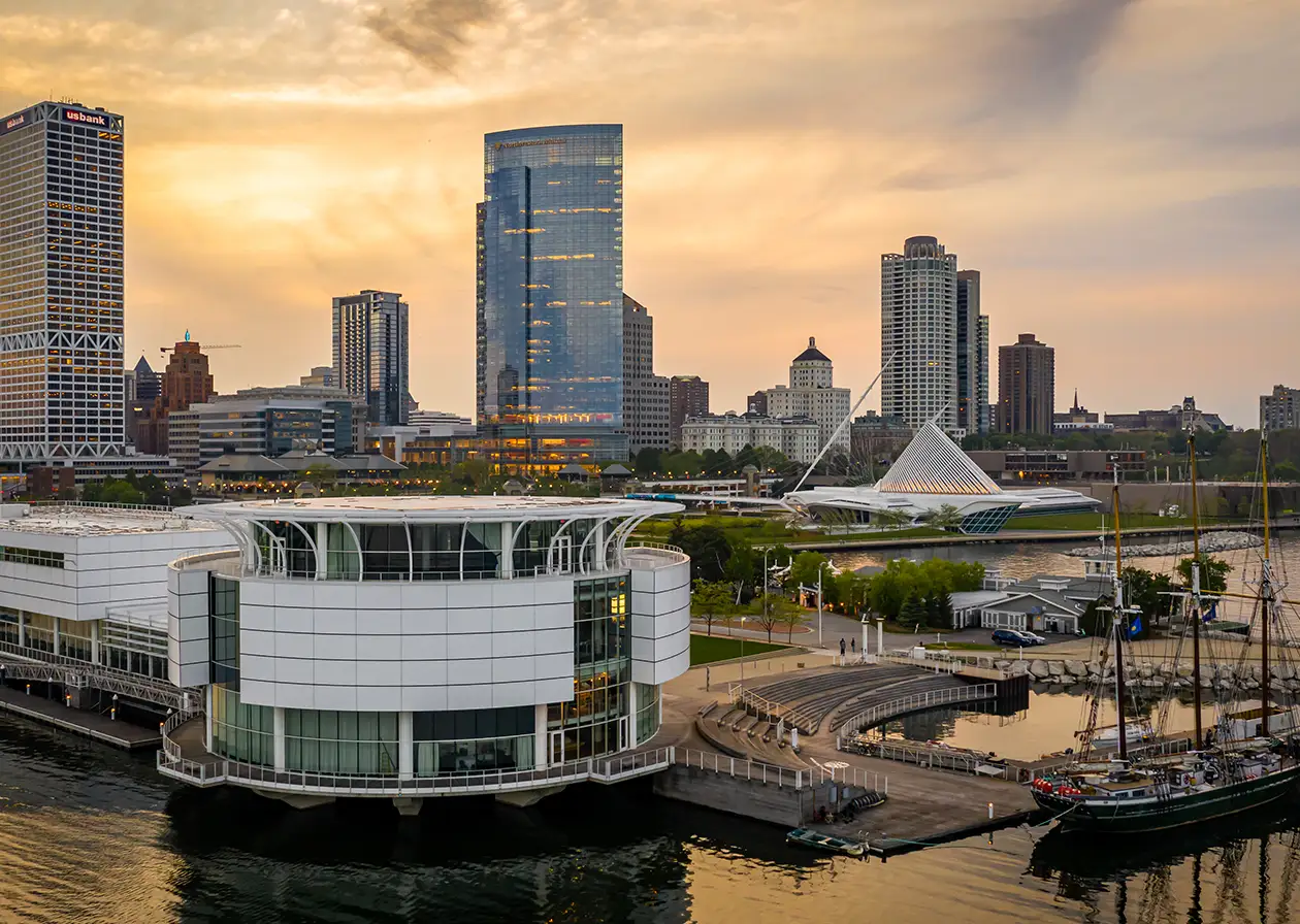 Overhead view of Milwaukee downtown from the lakefront.